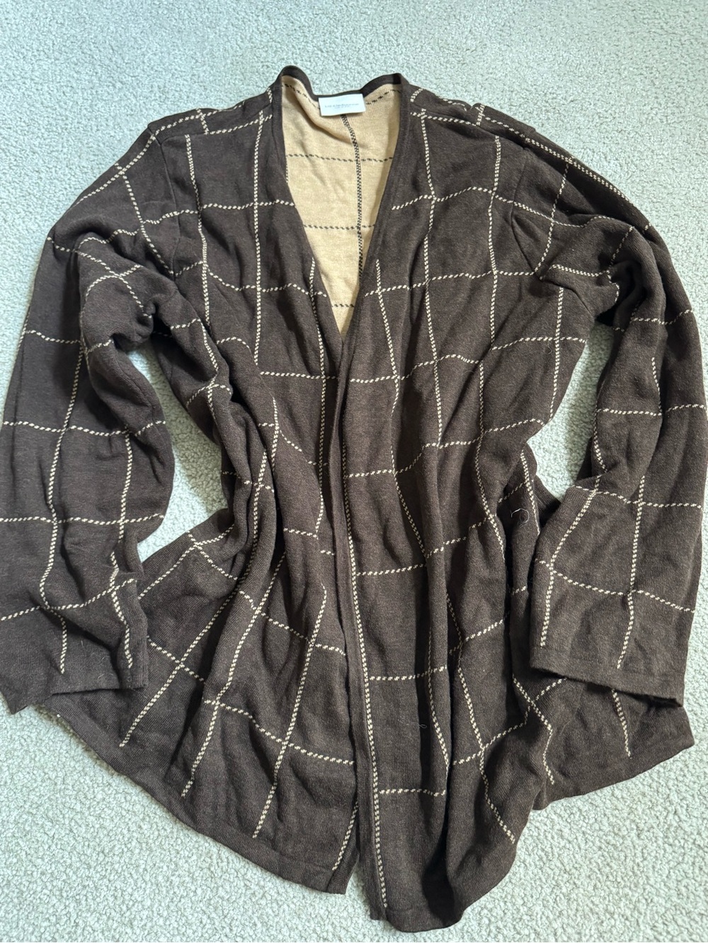 Liz Claiborne Brown Open-Front Windowpane Cardigan with Cream Stitch